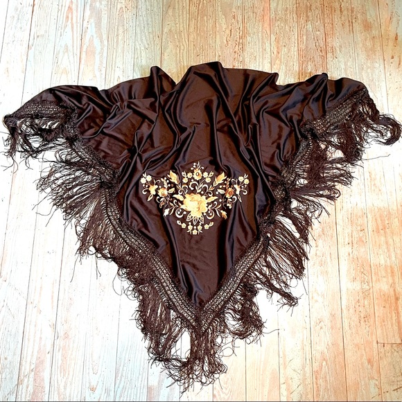 Vintage black silky fringed shawl - Picture 1 of 7
